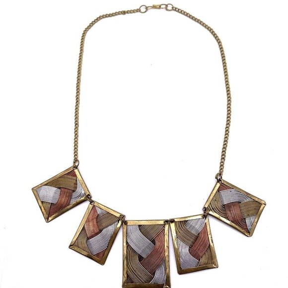 Three Tone Weaved Wire Accents Rectangle Brass Pendants Chain Necklace 22" - Picture 5 of 5